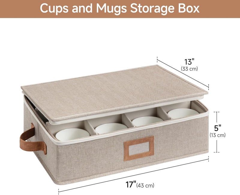 StorageWorks China Storage Container, Stackable Mug Storage Box with Dividers, Stemware Storage Cases, Hard Shell China Cup Organizer, Holds 12 Tea Cups and Coffee Mug, 1 Pack, Brown and Beige - Image 3